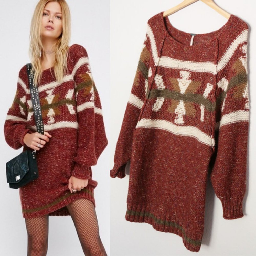 Free People Northern Lights Sweater Dress Wool Linen Blend Boho Cozy Western XS